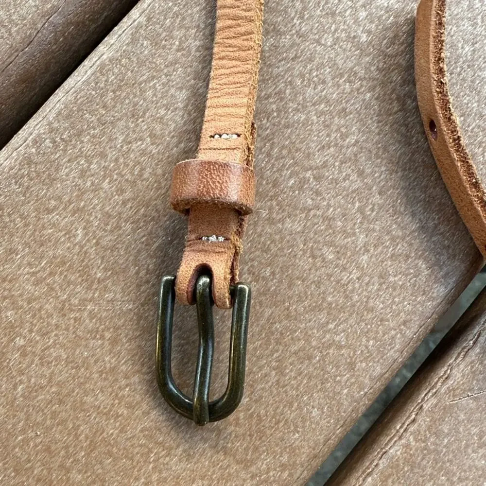 Tan Leather Skinny Belt with Brass Buckle M/L